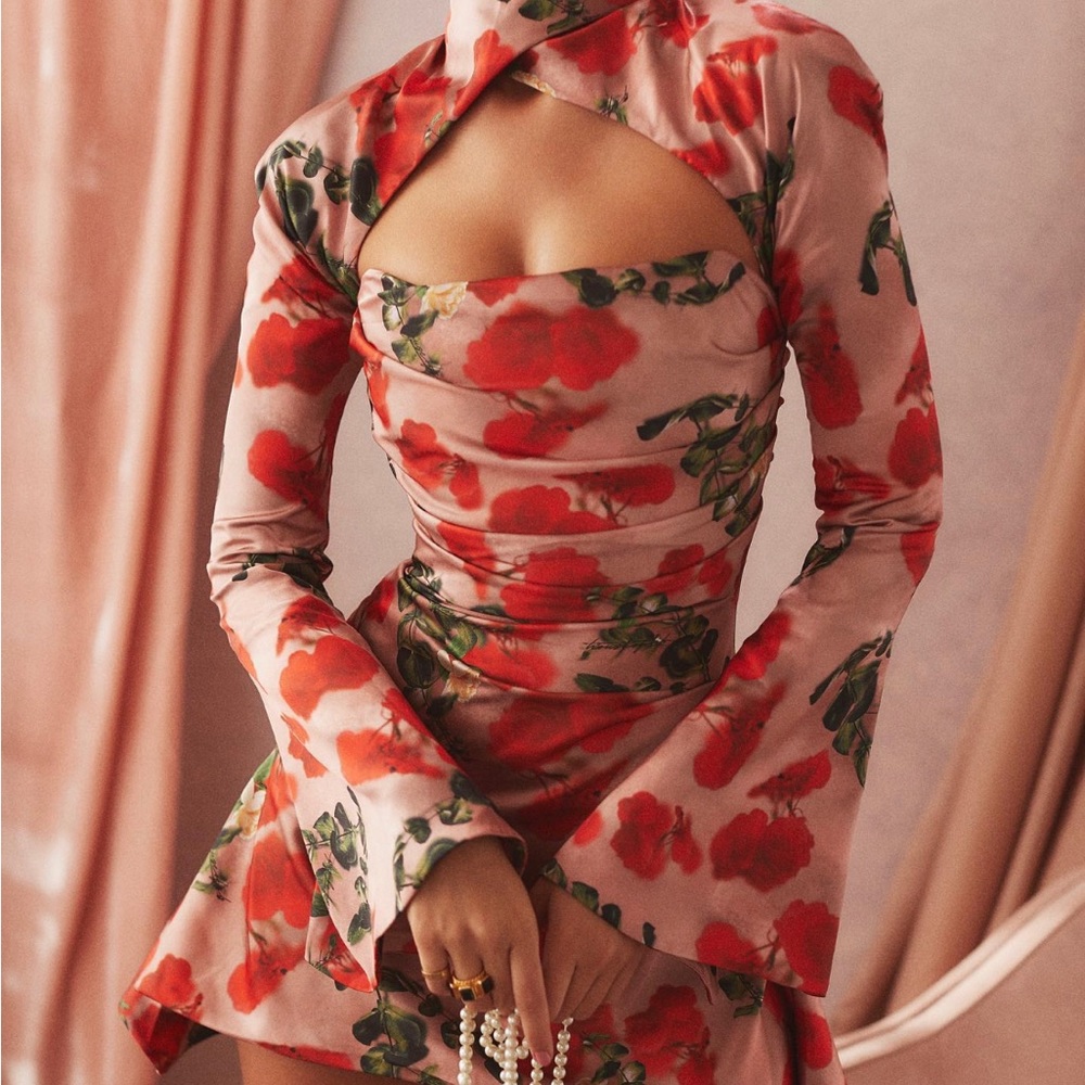 House of CB, Toira Satin Corset Minidress, XS, Rose Print
